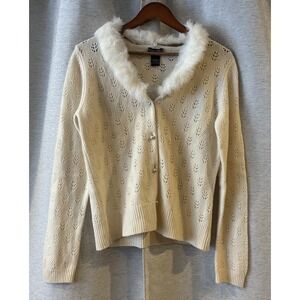 DANIEL BISHOP 100 Cashmere Ivory‎ Fur Collar Gem Button Cardigan Sweater Women L